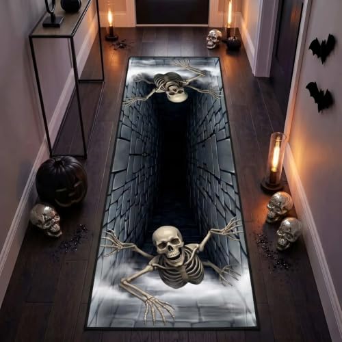 3D Halloween Skeleton Optical Illusion Runner Rug 2x7ft Long Hallway Carpet - Variation of 9 / Oblong