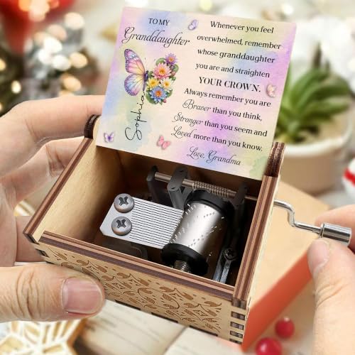 Personalized Granddaughter Music Box - Birth Month Butterfly Keepsake from Grandma, Custom Engraved Gift for Adult