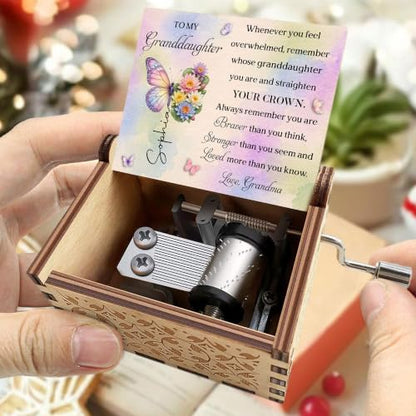 Personalized Granddaughter Music Box - Birth Month Butterfly Keepsake from Grandma, Custom Engraved Gift for Adult