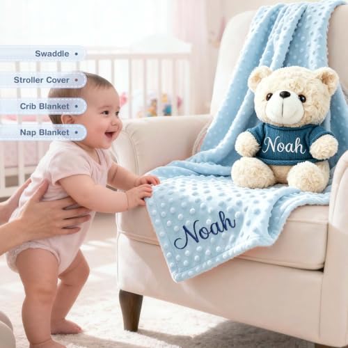 Personalized Baby Blanket with Teddy Bear Set for Boy's Gift - Soft & Customizable