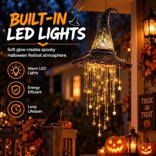 Halloween Witch Hat Lantern Black with Star Tassels - Warm LED Lighted Decoration