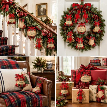 16 Pcs Rustic Burlap and Red Buffalo Plaid Christmas Ornaments Set