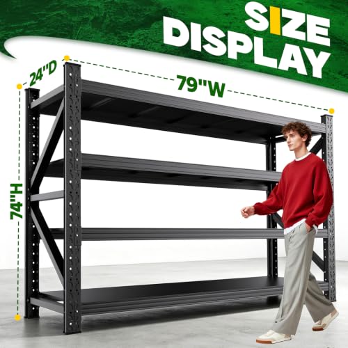 Heavy Duty Garage Shelving 4-Tier Adjustable Metal Storage Rack - 79"W x 74"H x 24"D, Black