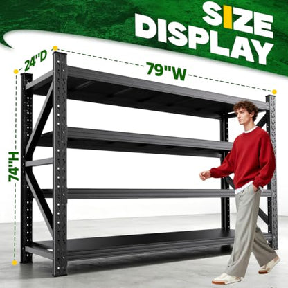 Heavy Duty Garage Shelving 4-Tier Adjustable Metal Storage Rack - 79"W x 74"H x 24"D, Black