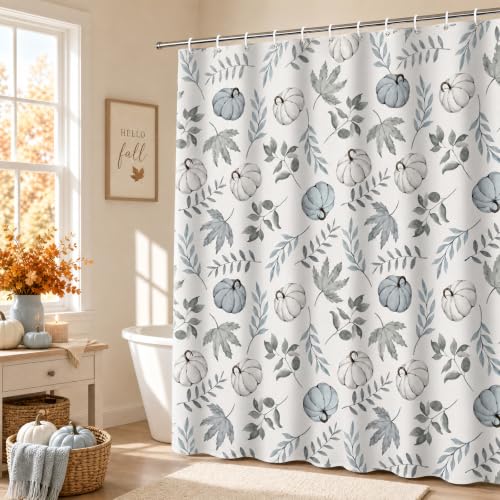 Blue White Pumpkin Shower Curtain - Fall Farmhouse Bathroom Decor 72x72 Inch with Hooks