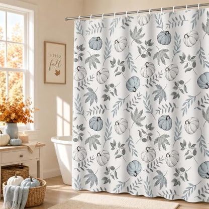 Blue White Pumpkin Shower Curtain - Fall Farmhouse Bathroom Decor 72x72 Inch with Hooks