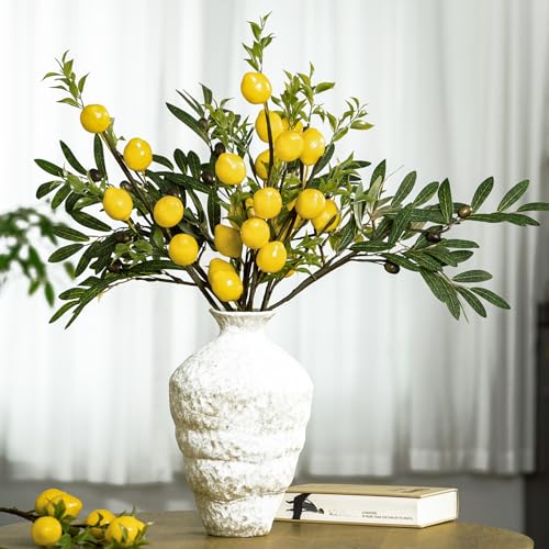 Mediterranean Faux Olive and Lemon Branches Set - 24 Inch Decorative Flowers for Weddings & Home Decor (6 Olive Stems + 3 Lemon Branches)