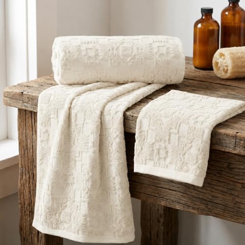 Pendleton Sculpted Ivory Cotton Bath Towel Set - Woven Design, 3-Piece