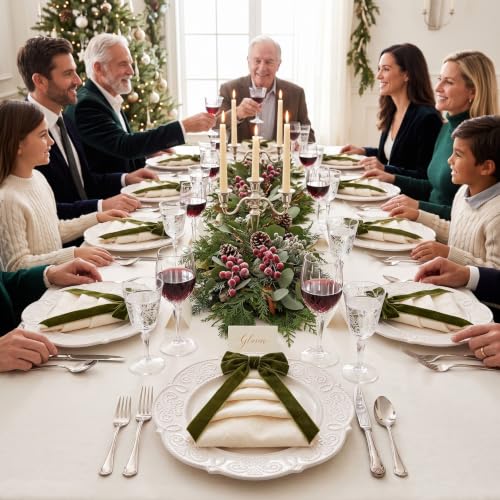 FoldTier Christmas Cloth Napkins Set with Velvet Bows - Green, 12 Pack