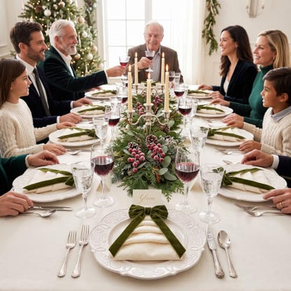 FoldTier Christmas Cloth Napkins Set with Velvet Bows - Green, 12 Pack