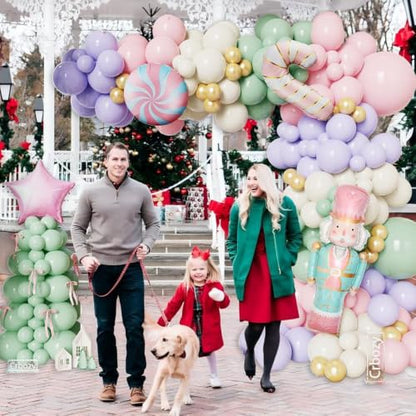 Pastel Christmas Balloon Garland Arch Kit – 176 Pcs with Nutcracker & Candy Cane Foil Balloons – Green, Pink, Purple (Variation: Green Pink Purple)