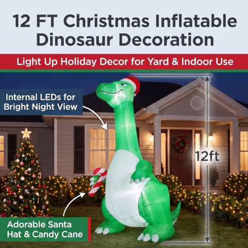 Green 12FT Christmas Inflatable Dinosaur with Santa Hat - Outdoor Holiday Decor