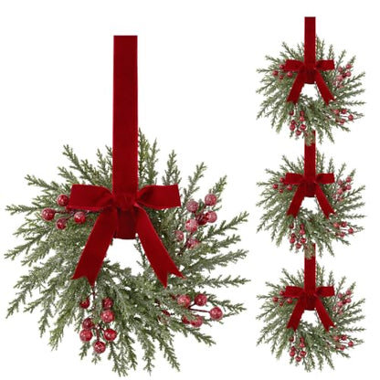 Mini Christmas Wreath Pine Needle 10 Inch Set of 4 for Kitchen Cabinets & Holiday Decor - Pine