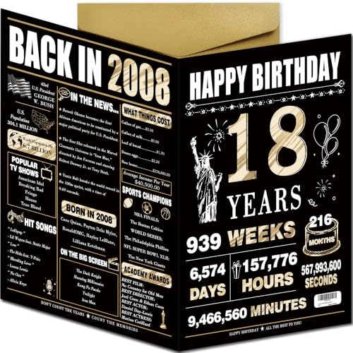 Happy 18th Birthday Card for Her Him Daughter Son - Black & Gold, Large Gift Greeting Card with Envelope & Sticker - Variation LI-393