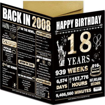 Happy 18th Birthday Card for Her Him Daughter Son - Black & Gold, Large Gift Greeting Card with Envelope & Sticker - Variation LI-393