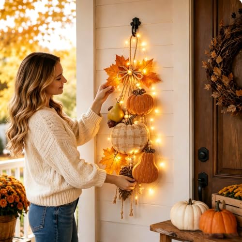 Rustic Wooden Pumpkin Door Hanging Swag with Warm LED Lights - Orange - Fall Decor