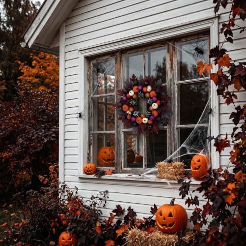 Halloween Ball Wreath for Front Door - 24 Inch Pumpkin Fall Decor Black Variation