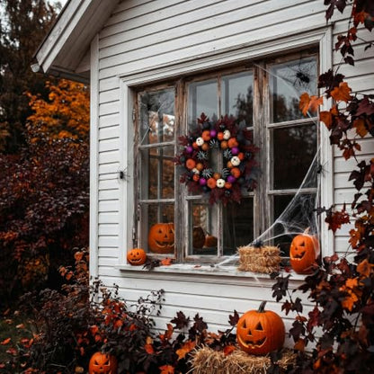 Halloween Ball Wreath for Front Door - 24 Inch Pumpkin Fall Decor Black Variation