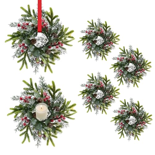 6 Pack Mini Christmas Wreaths 9.8 Inch with Ribbons for Cabinets & Decor – Holiday Faux Wreath Set