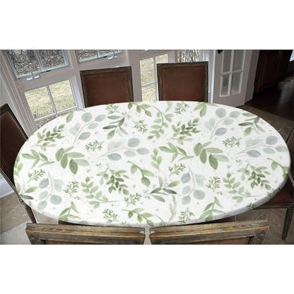 Fitted Floral Teal Sage Green Oval Tablecloth - 68" x 48" Polyester Outdoor Cover - Elastic Edge for Picnic & Party