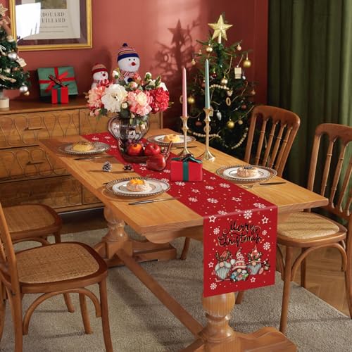 Christmas Gnomes Table Runner 13x36 Inch Red Snowflake Holiday Decor Glitter