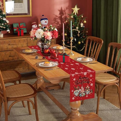 Christmas Gnomes Table Runner 13x36 Inch Red Snowflake Holiday Decor Glitter