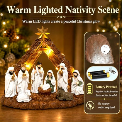 Lighted Nativity Set for Christmas - 10.2 Inch Resin Manger Scene with LED Lights