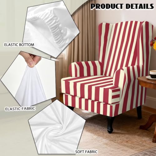 Red Stripes Wingback Chair Cover 2-Piece Stretch Slipcover for Armchair Protection