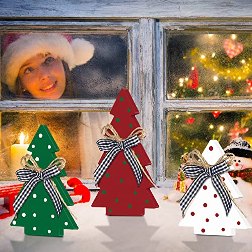 Christmas Wooden Tree Decor Set - Farmhouse Polka Dot Style, 3 Pieces