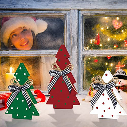Christmas Wooden Tree Decor Set - Farmhouse Polka Dot Style, 3 Pieces