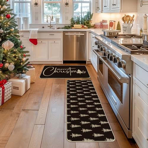 Christmas Tree Kitchen Mats Set of 2 - Black Xmas Tree Holiday Decor, 17x29 & 17x47 Inches