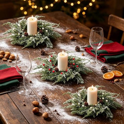 Christmas Berry Candle Wreaths Set of 6 - Faux Cedar Pine Cones Holiday Decor