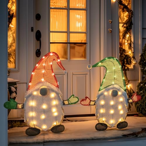 Lighted Christmas Gnomes Set of 2 Indoor Outdoor Holiday Garden Decor