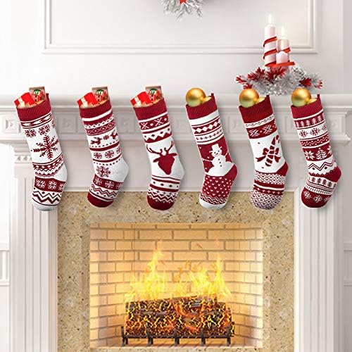 JOYIN 6 Pack Christmas Knit Stockings - Large Rustic Yarn Design with Snowflakes & Reindeer for Holiday Decor