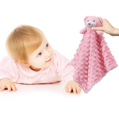 CREVENT Baby Comforting Security Blanket Lovey for Newborn Baby Girls Infants, Minky Dot Front + Sherpa Backing with Animal Face (Pink Bear)