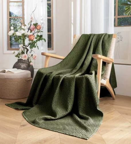 King Size Cotton Waffle Blanket - Olive Green, Breathable & Soft Bed Cover