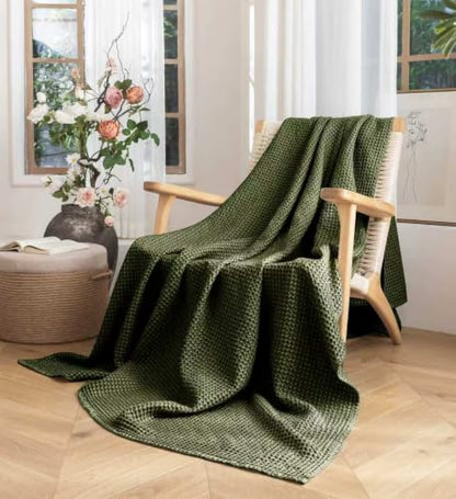 King Size Cotton Waffle Blanket - Olive Green, Breathable & Soft Bed Cover