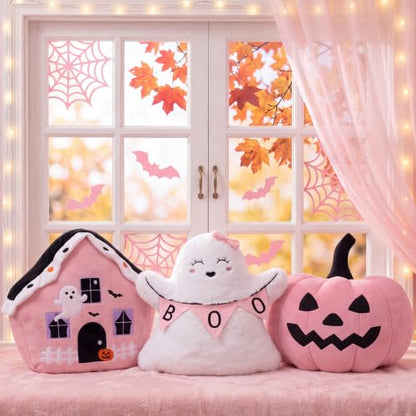 Pink Halloween Pumpkin Throw Pillows Set - Ghost & Boo Decor, 3 Pieces with Embroidered Details