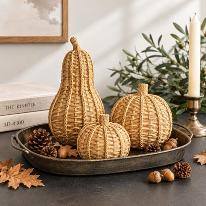 Rustic Fall Wicker Pumpkin Set - 3 Decor Pieces for Autumn & Thanksgiving