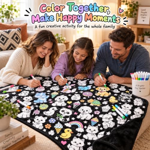 DIY Coloring Blanket with 24 Oil-Based Markers - 59x50in Soft Fabric