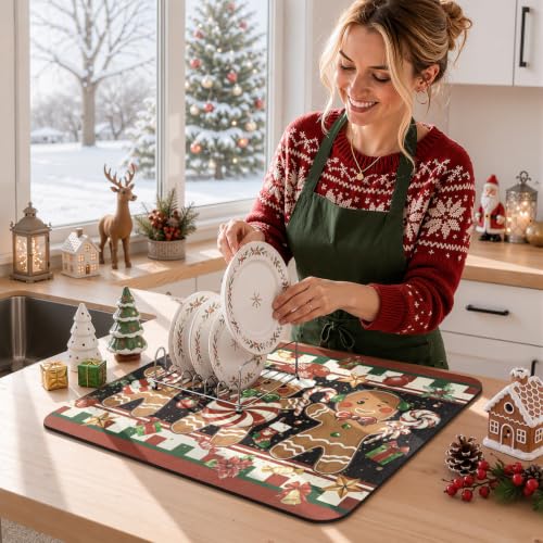Christmas Dish Drying Mat Gingerbread Candy Cane 12x20 Inch - Holiday Kitchen Decor
