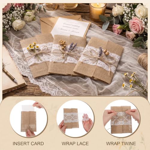 50-Piece Rustic Burlap Wedding Invitation Jackets with Lace & Rope Kit