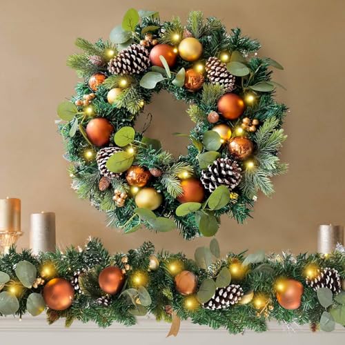 Pre-Lit 20 Inch Copper Gold Christmas Wreath for Front Door - Variation 07 Copper Gold