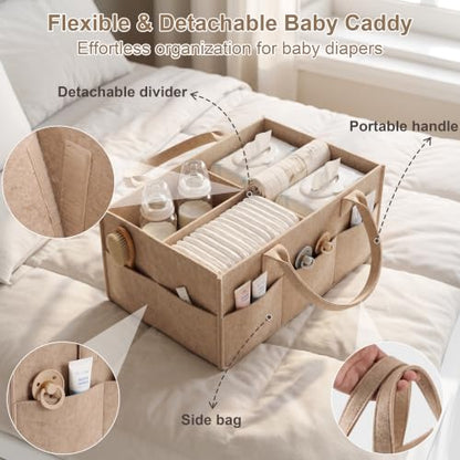 Beige 3-Tier Rolling Diaper Caddy Cart with Wheels & Removable Dividers - Baby Organizer