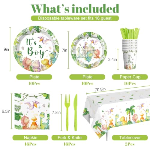 Dinosaur Baby Shower Tableware Set - 16 Serves, Watercolor Dinosaur Theme
