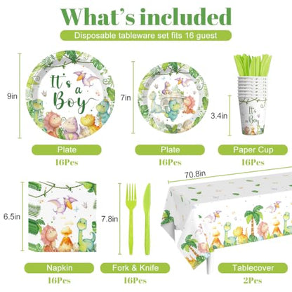 Dinosaur Baby Shower Tableware Set - 16 Serves, Watercolor Dinosaur Theme