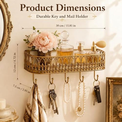 Vintage Gold Wall Mount Key Holder Shelf with 5 Hooks and Mail Rack