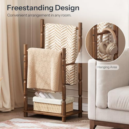Walnut 2-Tier Freestanding Towel Rack Stand with Wood Legs and Bars