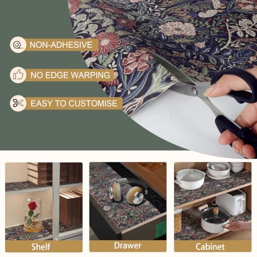 Vintage Green/Red Floral Shelf Drawer Liner 11.8W x 118.1L Non-Slip Organizing Mat