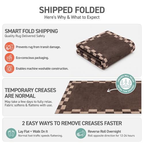 Checkerboard Border Washable Non-Slip Runner Rug 2'x10' Brown - Rectangular